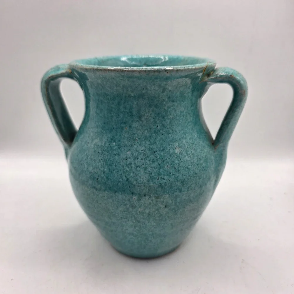 Vintage Monmouth Pottery Turquoise Double Handle Vase Aqua Art Pottery USA
